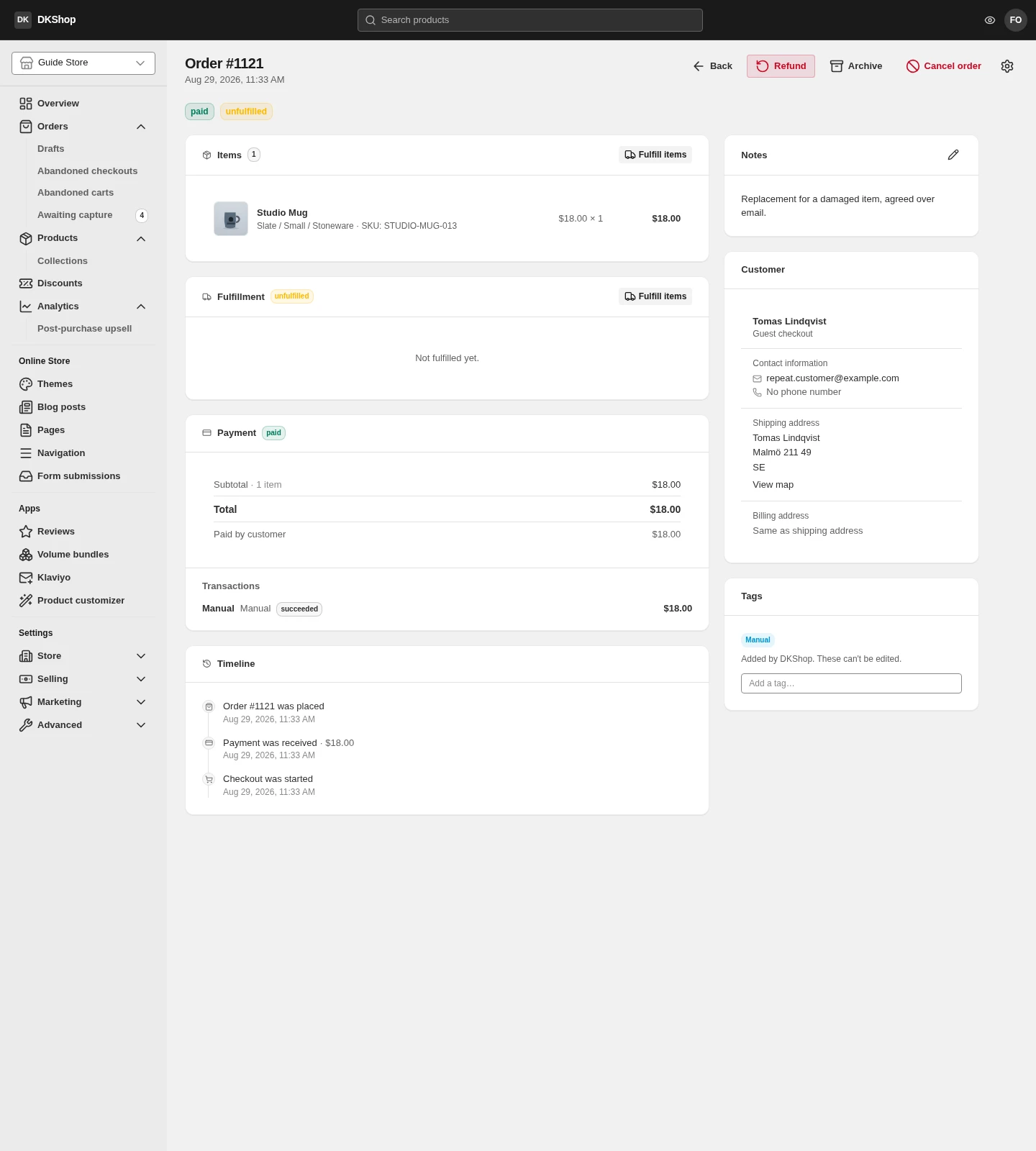 An order in detail
