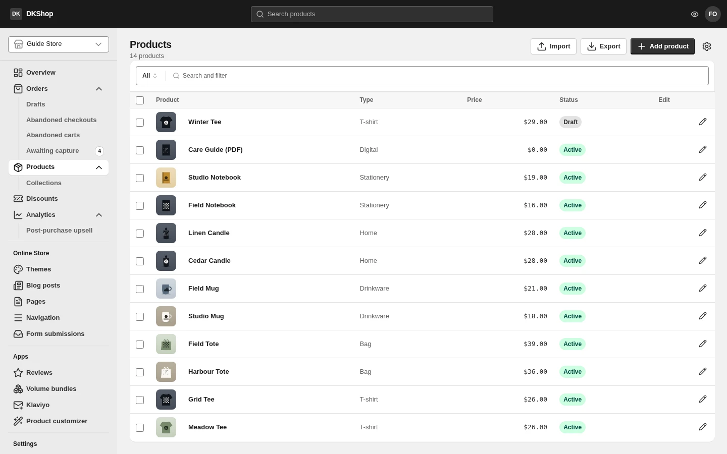 The product list