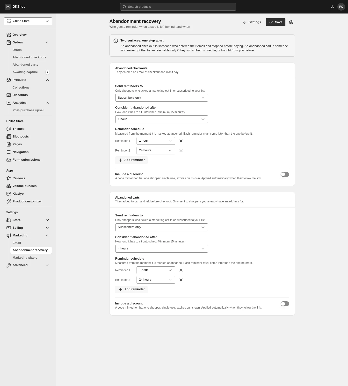 Abandonment recovery settings