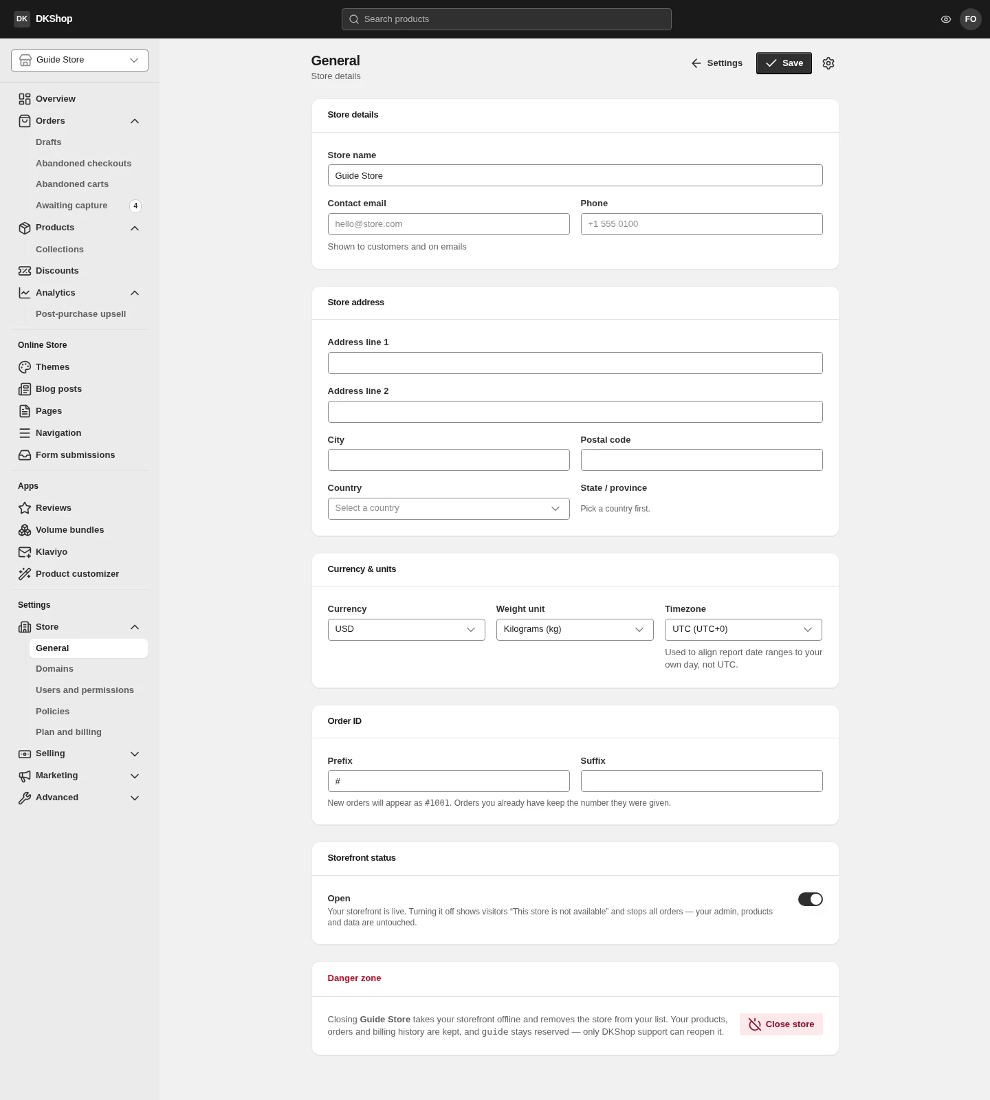 General settings