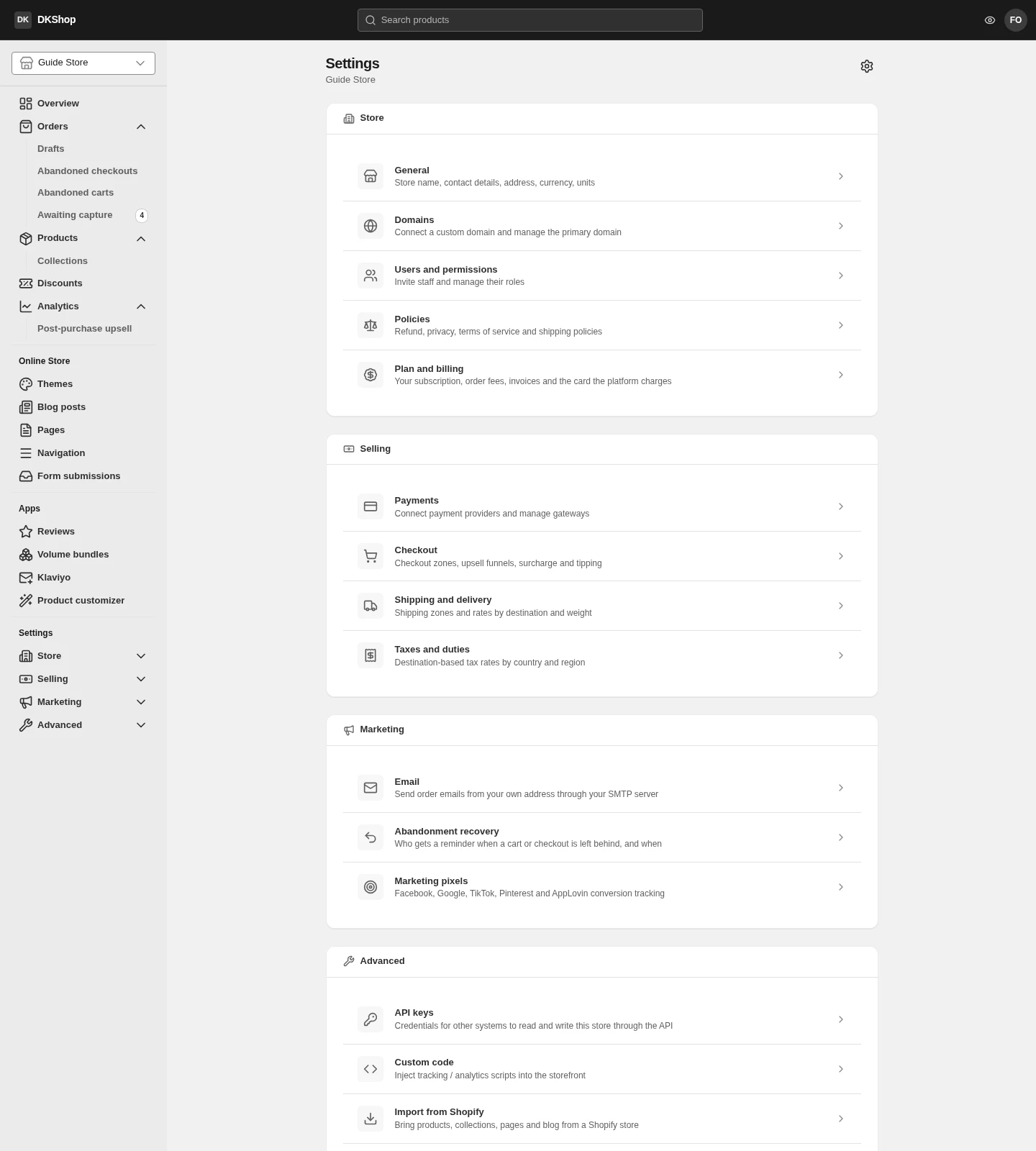 The Settings page