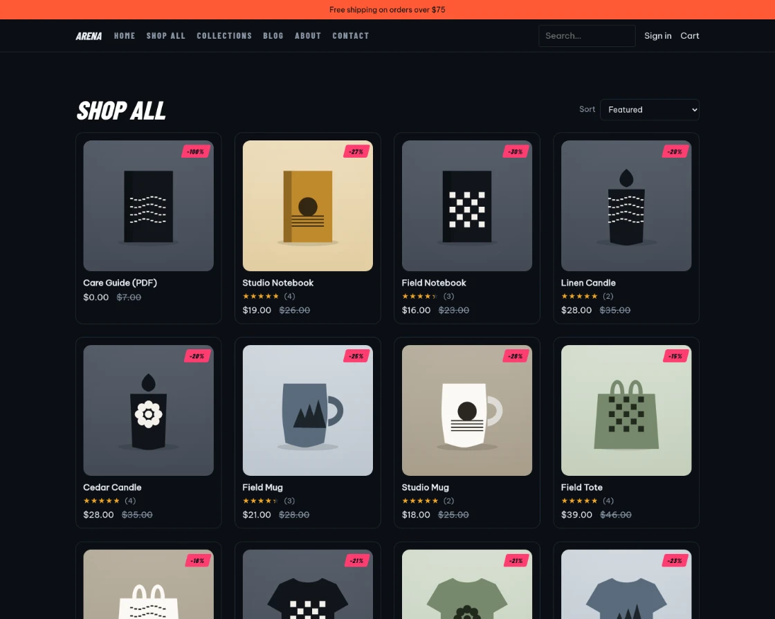 The Arena theme rendering the same product grid