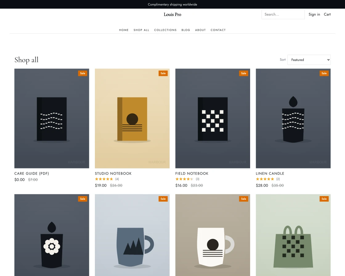 The Louis Pro theme rendering the same product grid