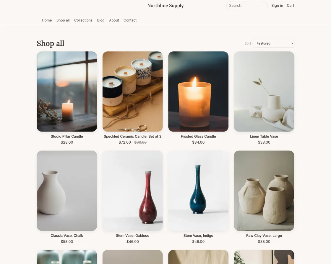 The Sense theme rendering the same product grid